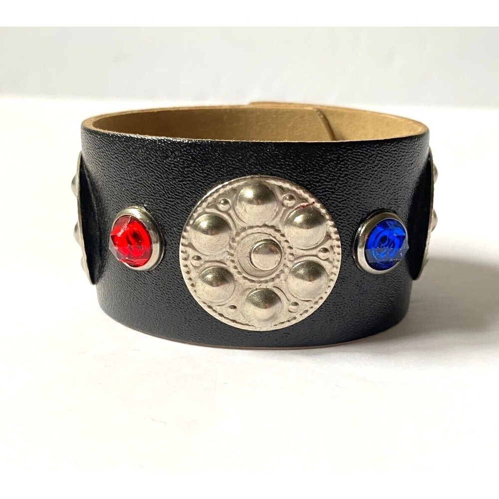 Bracelet Leather Small Multicolor Vintage 1980s Plastic Gems Metal Accents - Picture 3 of 15